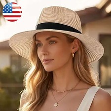 Unisex Sun Big Brim Hat Summer Panama Beach Cap Fedora Flat Brim Straw Paper Hat