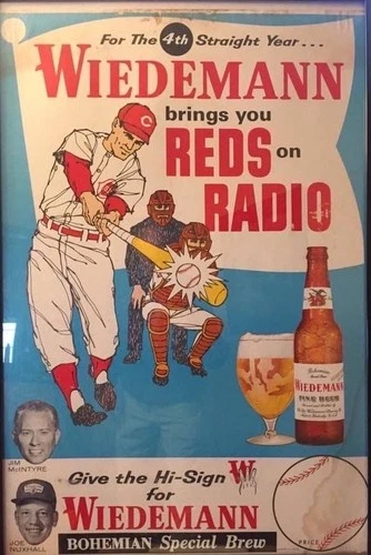 Wiedemann Reds on Radio Beer Poster Vintage Baseball Bohemian 12x8in Metal Sign