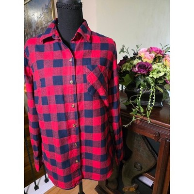 Field & Stream Women Red and Navy Buffalo Plaid Button-Down Shirt Size M