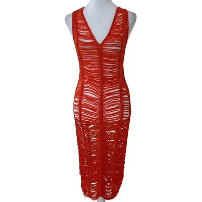 Micas Orange V-Neck Halter Top Crochet Midi Swimsuit Coverup Dress Size S