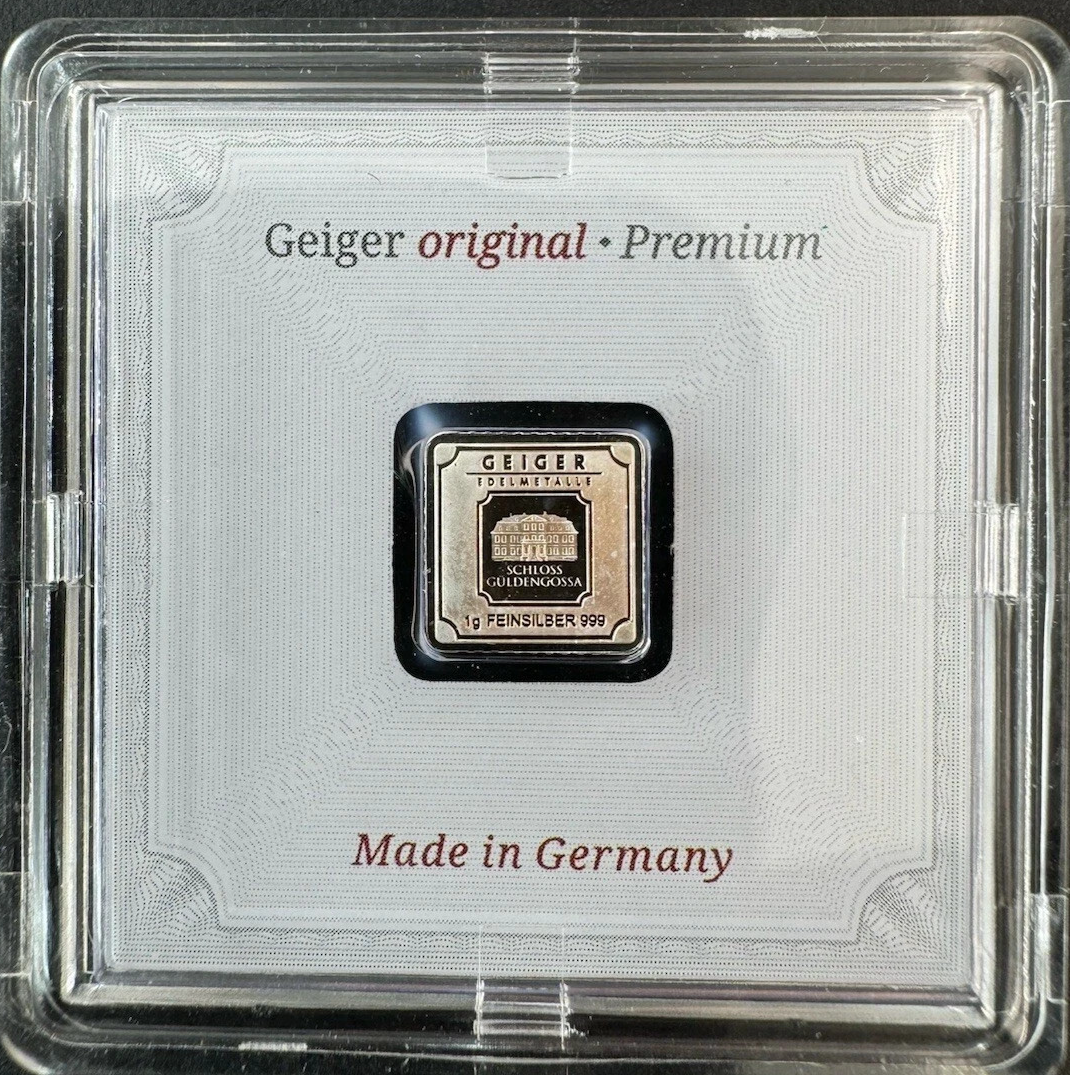 Geiger 1 Gram .999 Silver Bar In Square Assay Security Feature