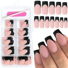 French Tip Press on Nails Medium Square Fake Nails, 120pcs Black French Tip N...