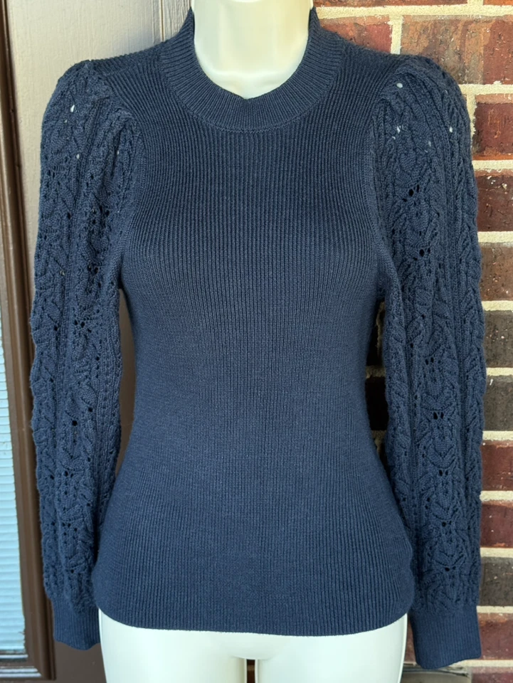 Espléndido Suéter Suave Phoebe Pointelle Mezcla de Cashblend Hombro Azul Marino XS NUEVO Foto 2 de 4
