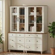 72" H Tall White Farmhouse Bookcase with Glass Doors 6 Drawers 3 Tier Shelves