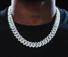 14mm Moissanite Miami Cuban Link Chain Prong Necklace SOLID 925 Silver 6.5-24"