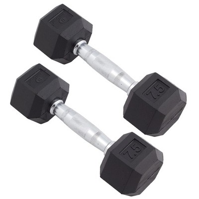 Body Sport Rubber Encased Hex Dumbbell Weight, 7.5 lb. (Pair) - Chrome,
