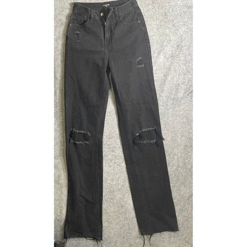 PrettyLittleThing Tall Distressed High Waisted Straight Leg Jeans Black Ripped