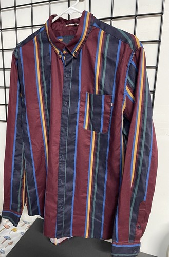 Cotton On Brunswick Mens L Button Down Shirt Slim Fit Burgandy Blue Striped - Picture 4 of 9