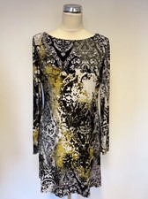 NINE WEST GREEN BLACK & IVORY PRINT LONG SLEEVE STRETCH SHIFT DRESS SIZE  8UK 12
