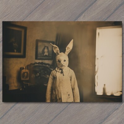 POSTCARD Rabbit Weird Creepy Vibe Easter Bunny Scary Mask Cult Strange Unusual