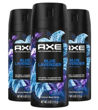 NEW Axe Blue Lavender 3 Pack 72-Hour Aluminum-Free Premium Body Spray 4 Oz/Each