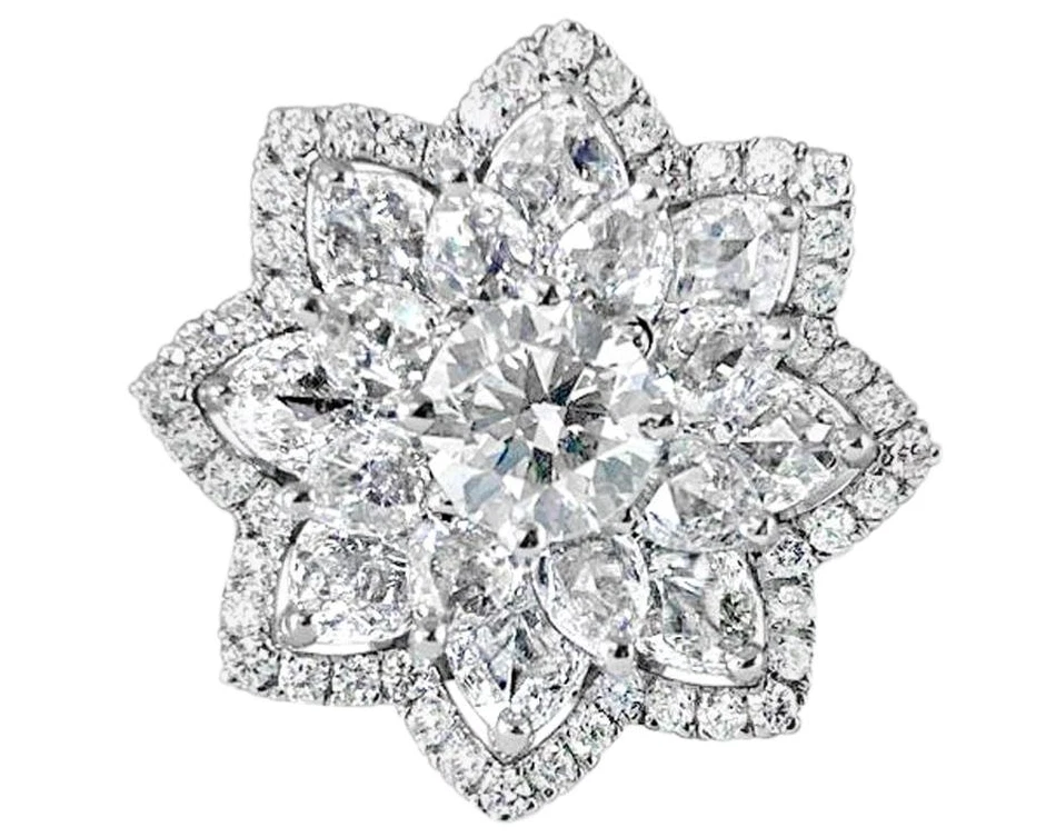 Anillo para mujer de fiesta de plata 935 con diseño floral y zafiro blanco simulado de 3,85 quilates Foto 3 de 4