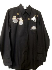 Mens Long-Sleeve Black Dress Shirt w/ Christmas Appliqu , Size S - NEW