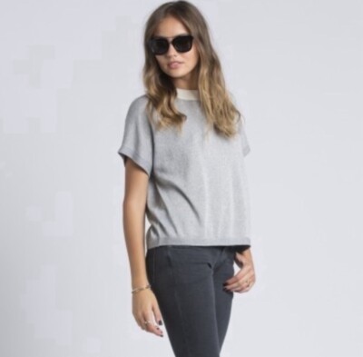 NWT Numph Anthropologie Amilia Silver Shine Short Sleeve Knit Sweater Top XL $98