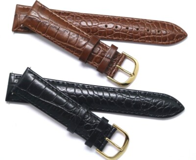 19 20 21mm Black or Brown Croco Embossed Leather Men Watch Band Gold Tone Buckle