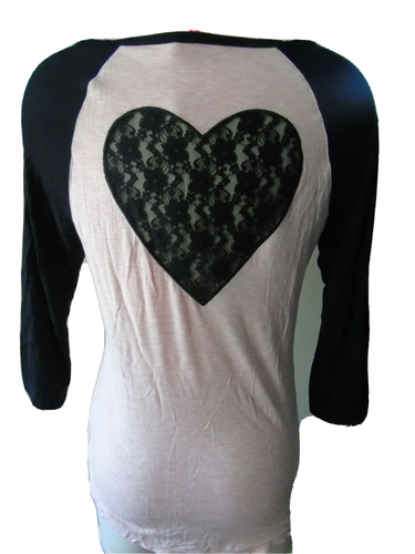 New Betsey Johnson Medium Raglan Lounge Sleep Top pink / black Lace Heart