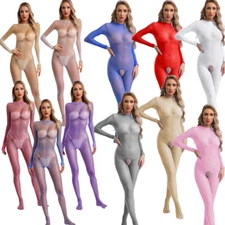 Womens Nylon Sheer Bodysuit Jumpsuit Long Sleeves Glossy Bodystockings Sleepwear