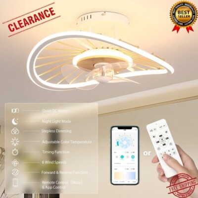 19.6'' Smart LED Ceiling Fan White Low Profile Remote App Control Modern Light