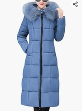 Women's Winter Windproof Padded Long Down NO Faux Fur Hood   COAT BLUE SZ M