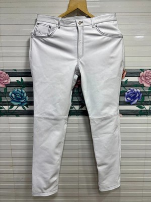 Men's Genuine Leather White Pants with Contrast Black Stitching Slim Biker Pants