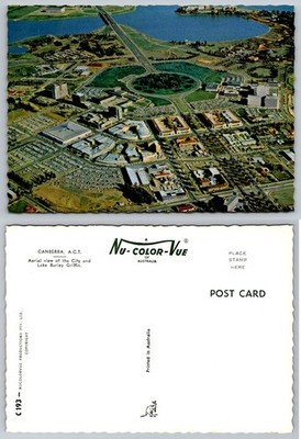 Canberra ACT Aerial Lake Burley Griffin Australia Vintage Postcard Nu-Color-Vue