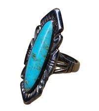 VINTAGE Navajo STERLING TURQUOISE RING SIZE 7 - Signed Long Turquoise Ring