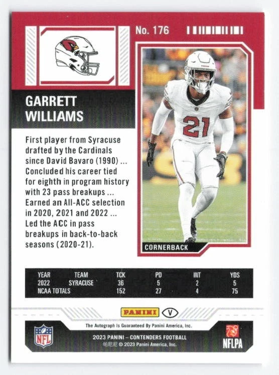 2023 Garrett Williams RC Panini Contenders Rookie Ticket Auto Variation #176 - Image 2 of 3