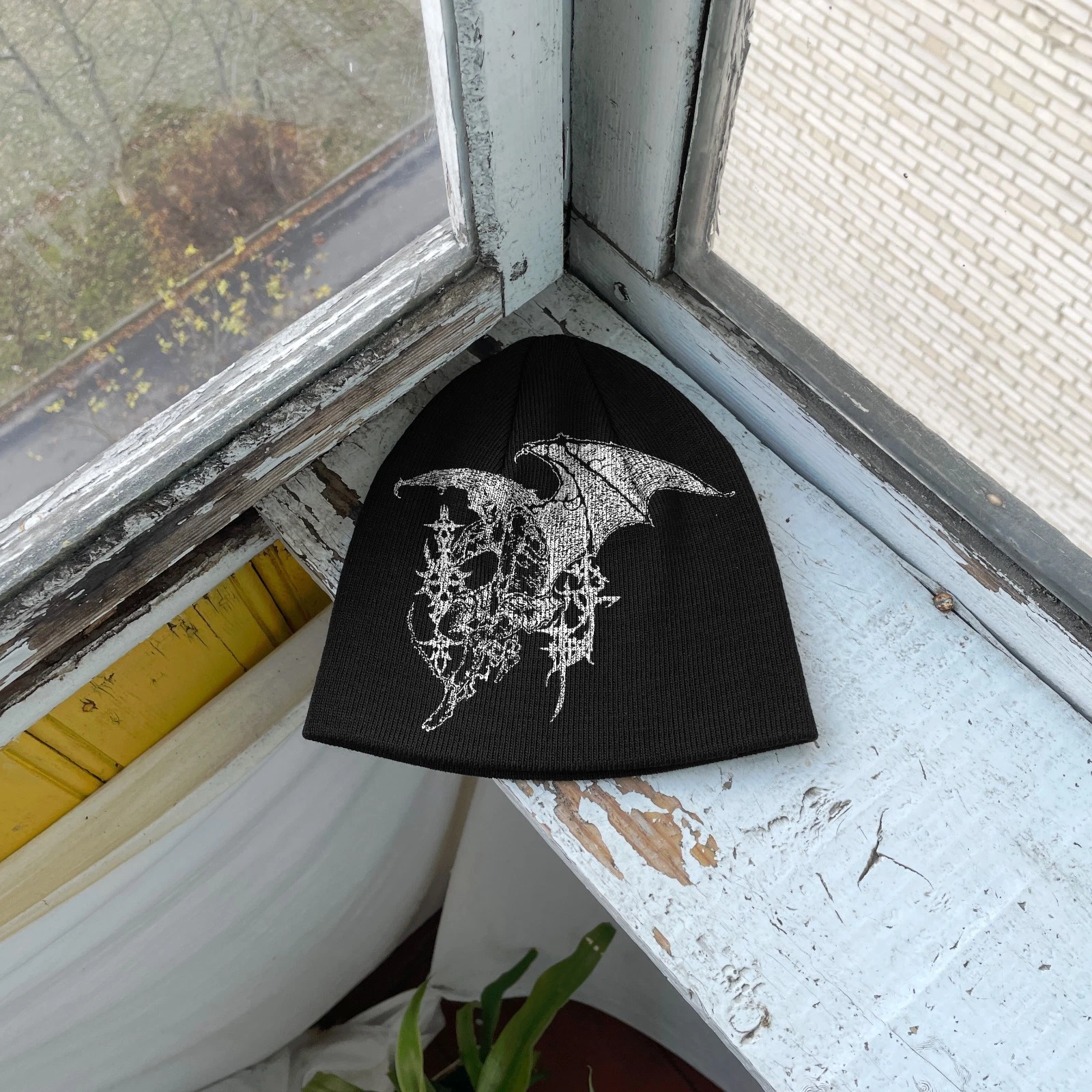 Cybersigilism Skull Bat Wings Beanie Hat – Goth Punk Alt Streetwear Black Beanie