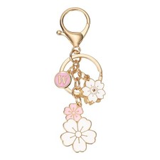 Initial Keychain Flower Charm Letter-W Key Chain Cute Cherry Blossom Pink