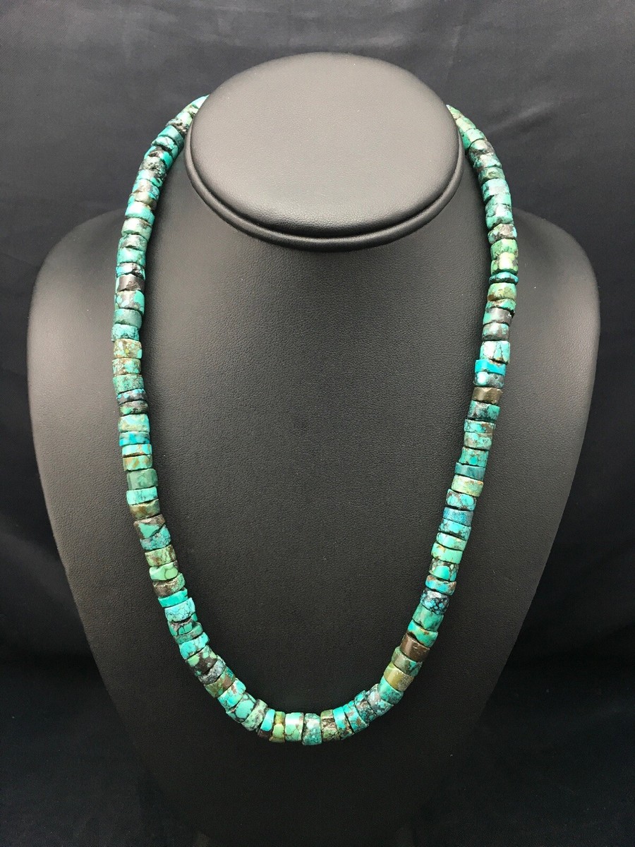 Turquoise 12 mm Heishi Southwestern Sterling Silver Bead Necklace