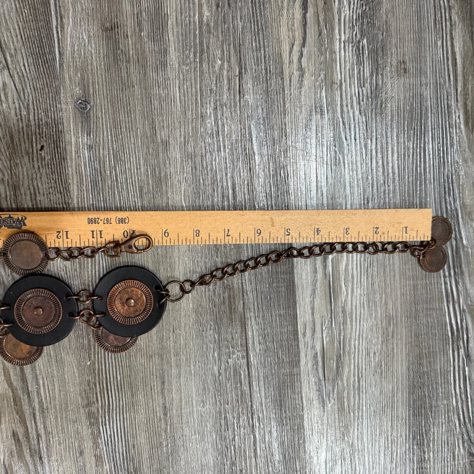 "Cinturón Concho LUNA LUZ Cuero y Metal Marrón Negro y Bronce Boho Hippie ~ Max 41""" Foto 4 de 4