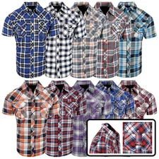 Plaid Western Shirt Short Sleeve Men Button Pleated Pocket Shoulder Tab Slim Fit