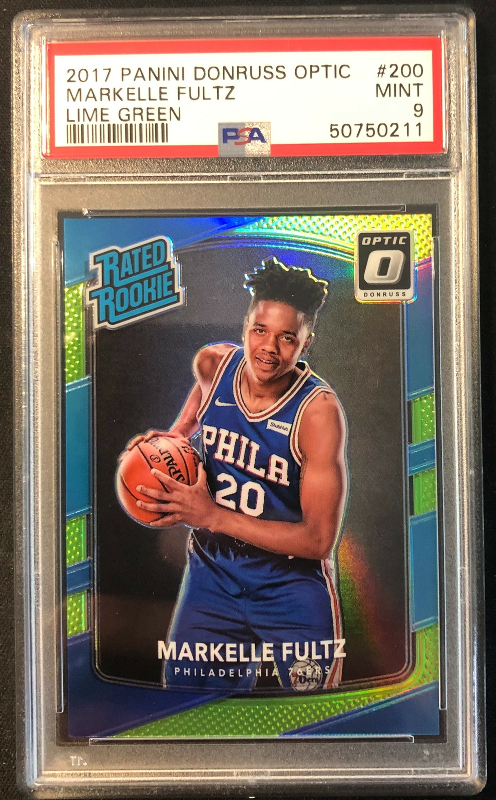 2017 Optic #200 Markelle Fultz Lime Green Prizm Rated Rookie RC PSA 9 #'d /175