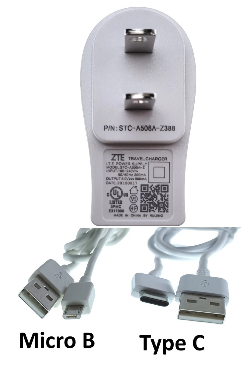 OEM ZTE TRAVEL Charger STC-A51D-Z(5.0V 1000mA)+ 2 USB Cables (Type-C & Micro B) $7.49