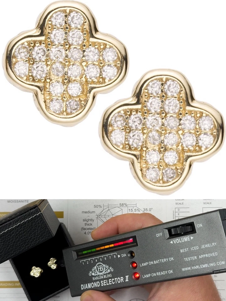 MOISSANITE Earrings Clover 10mm 14k Gold Over 925 Silver Iced Large Mens Ladies