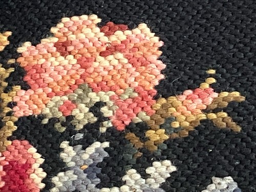 VTG Floral Rose Black Pinks Blue Finished Chair Pillow Cover Needlepoint USED - Picture 4 of 20