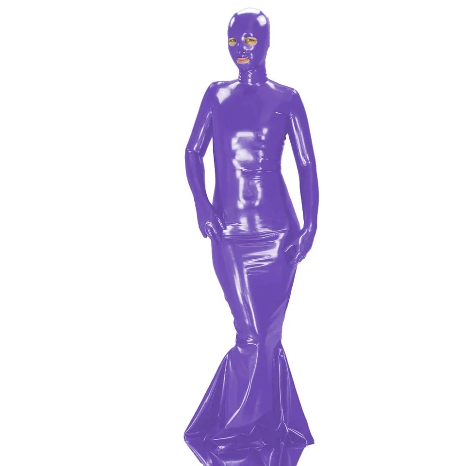Maxikleid aus glänzendem PVC-Leder mit Maske langärmelig figurbetont sexy Outfit - Bild 2 von 4