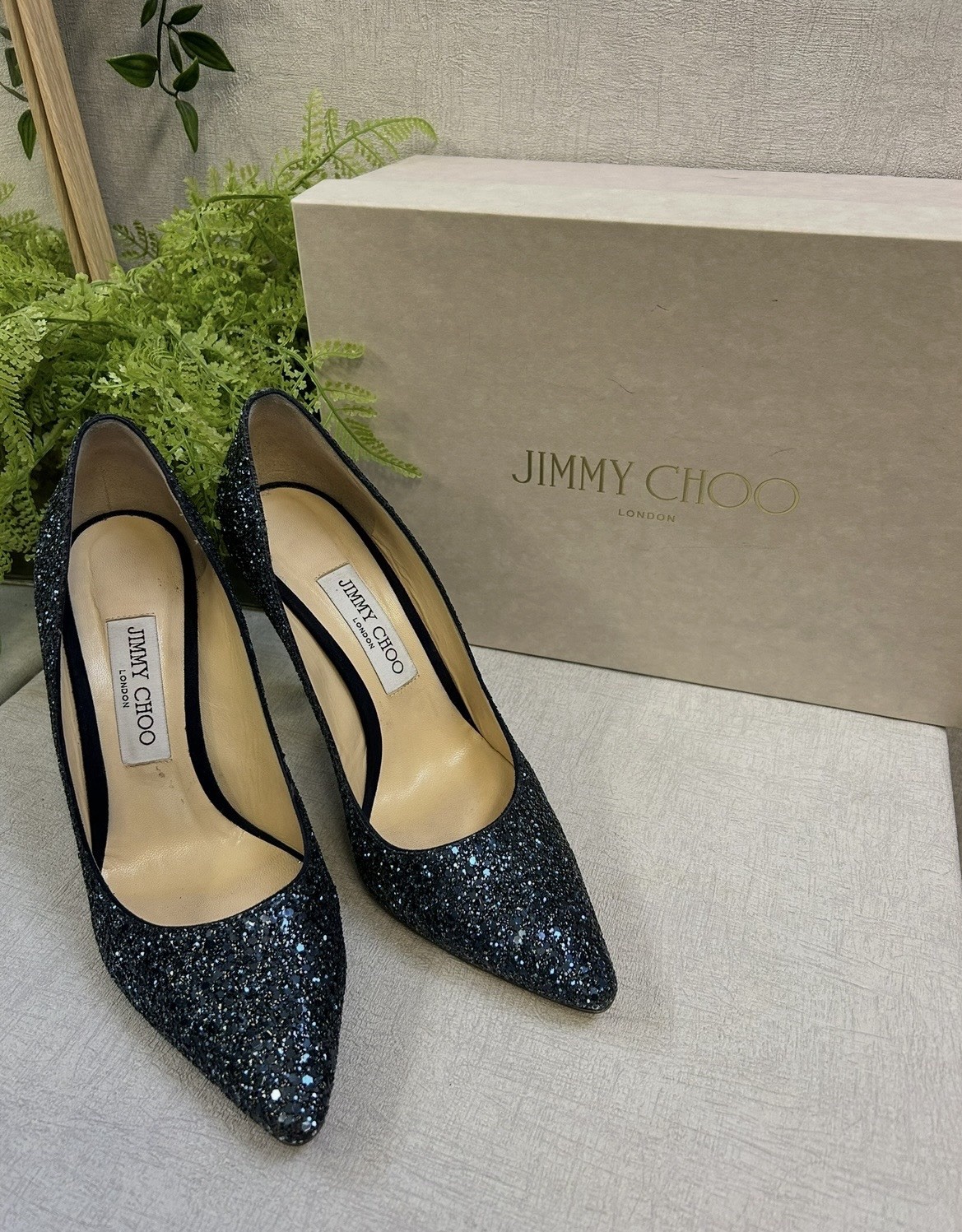 Jimmy Choo Romy 100 Coarse Navy Glitter Pointed Toe Stiletto Heels EU38.5 UK5.5