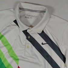 Nike Golf Kids Large Dri-Fit Polo Shirt White Green Black Stripes Short Sleeve