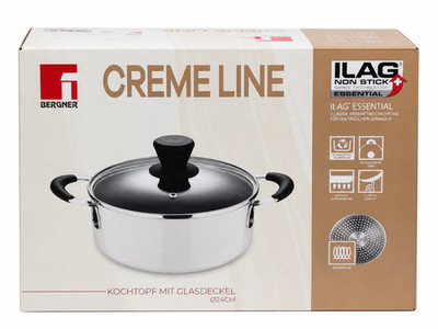 Bergner Kochtopf 24cm mit Glasdeckel ILAG Antihaft Induktion Topf Creme Line Neu
