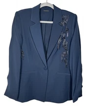Elie Tahari Size 10 Blazer Sky Captain Navy Crepe Beaded Embellished Jacket $475