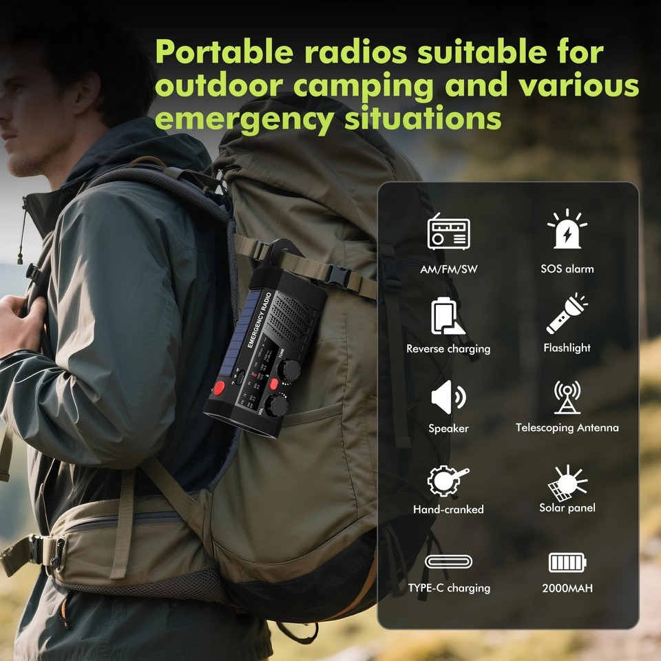 Emergency Radio with SOS, AM/FM/SW, Flashlight, 2000mAh Solar & Hand ...