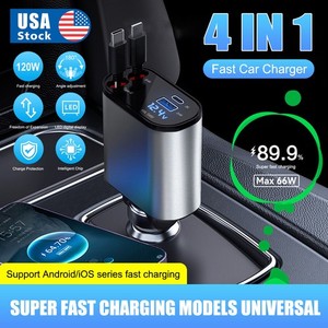 4 IN 1 Retractable Car Charger Cable Dual Port USB-C PD Fast Charging Adapter US