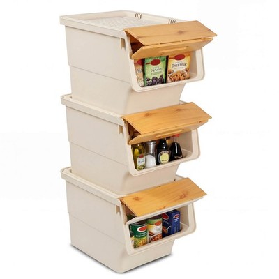 3 PCS Storage Bins on Wheels w/Stay-Open Lid for Kitchen Bedroom Laundry Closet