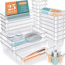 25 PCS Clear Plastic Drawer Organizer Set, 4 Sizes Desk Drawer Divider Organi...
