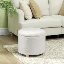 HOMCOM 18" Round Ottoman with Storage, Footstool with Lid, Wood Legs, White