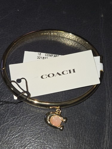Coach Charm Hinge Bangle C Logo Gold tone Pink Quartz Bracelet, NWT $95! CUTE! - Picture 3 of 5