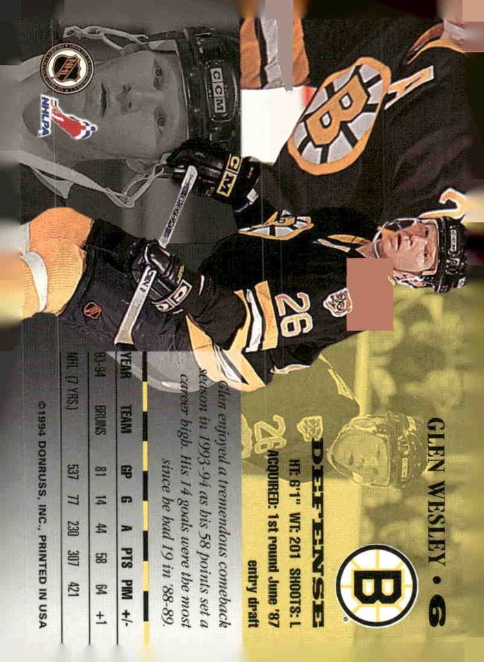 1994-95 Leaf #6 Glen Wesley - Image 2 of 2