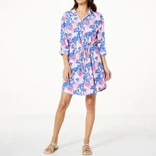 Cabana Life Tropical Fever Blue Pink Orange Shirt Dress Pockets M