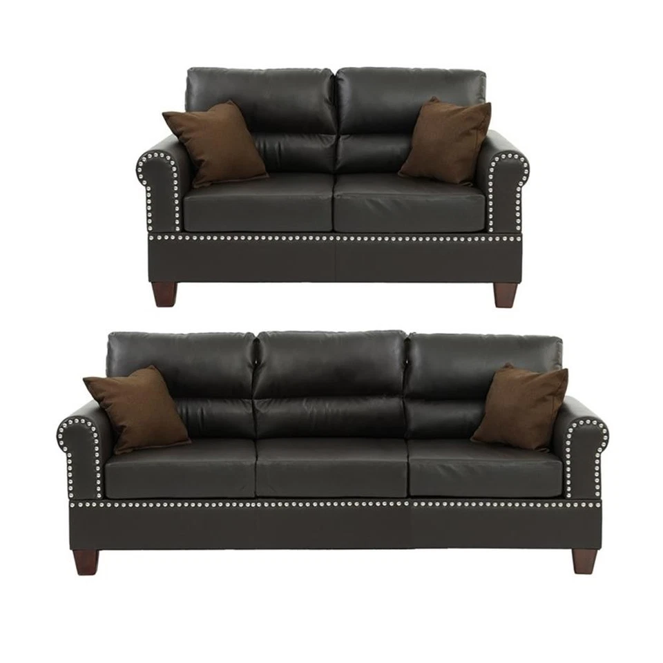 Juego de sofá y sofá loveseat de 2 piezas de cuero sintético Poundex Furniture en color espresso Foto 3 de 4